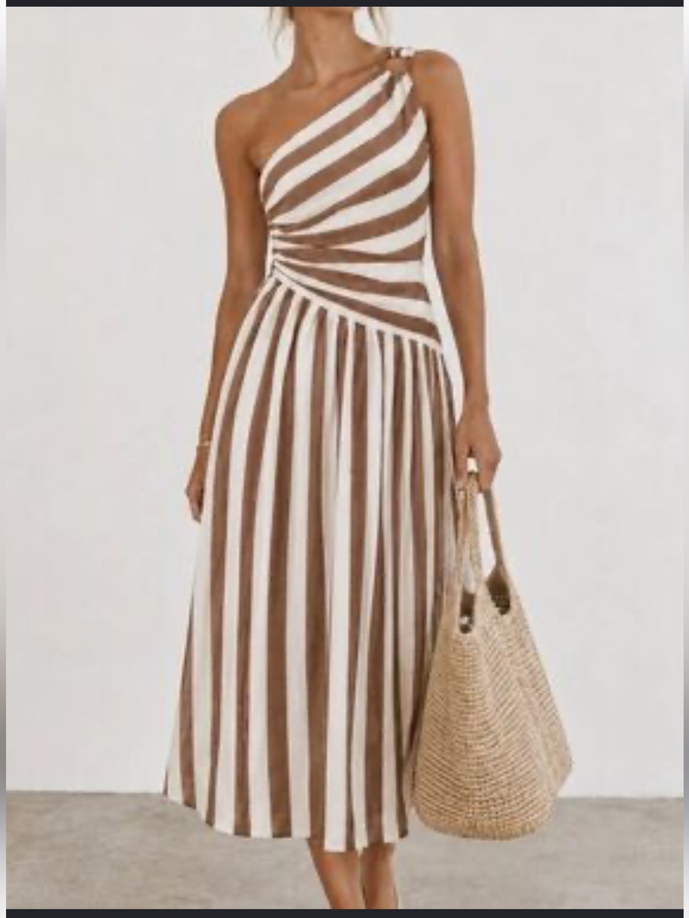 Commense Striped One-Shoulder Cutout Maxi Dress, Mocha Brown and White, Size L